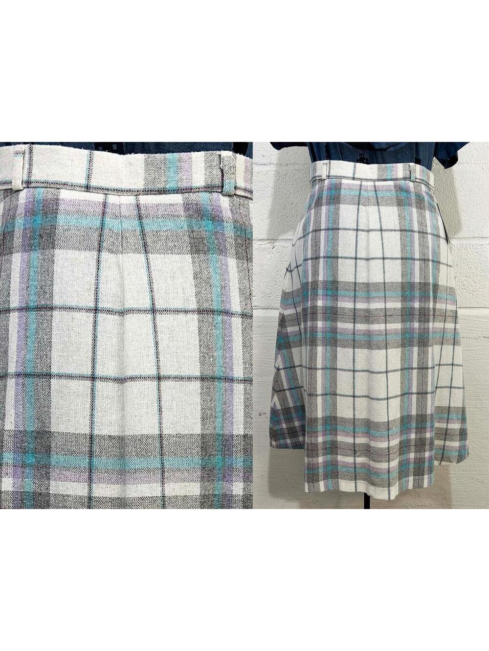 Vintage Pastel Plaid Skirt A Line Gray Blue Jr. Things 1970s Small Medium